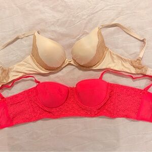 Victoria's Secret Beige and Aerie Hot Pink Lace Bra Duo